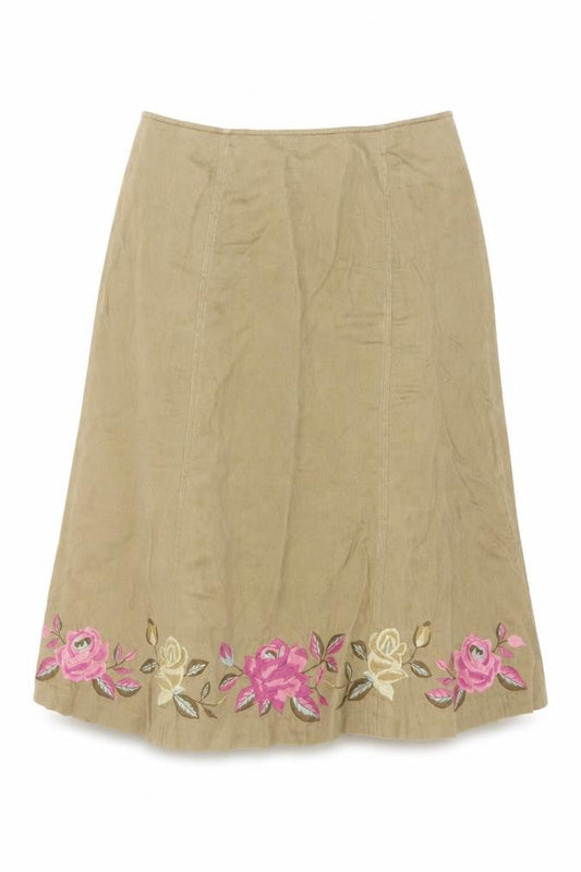 Planet Women's Beige Floral Embroidered Linen Midi A-Line Skirt Size 10