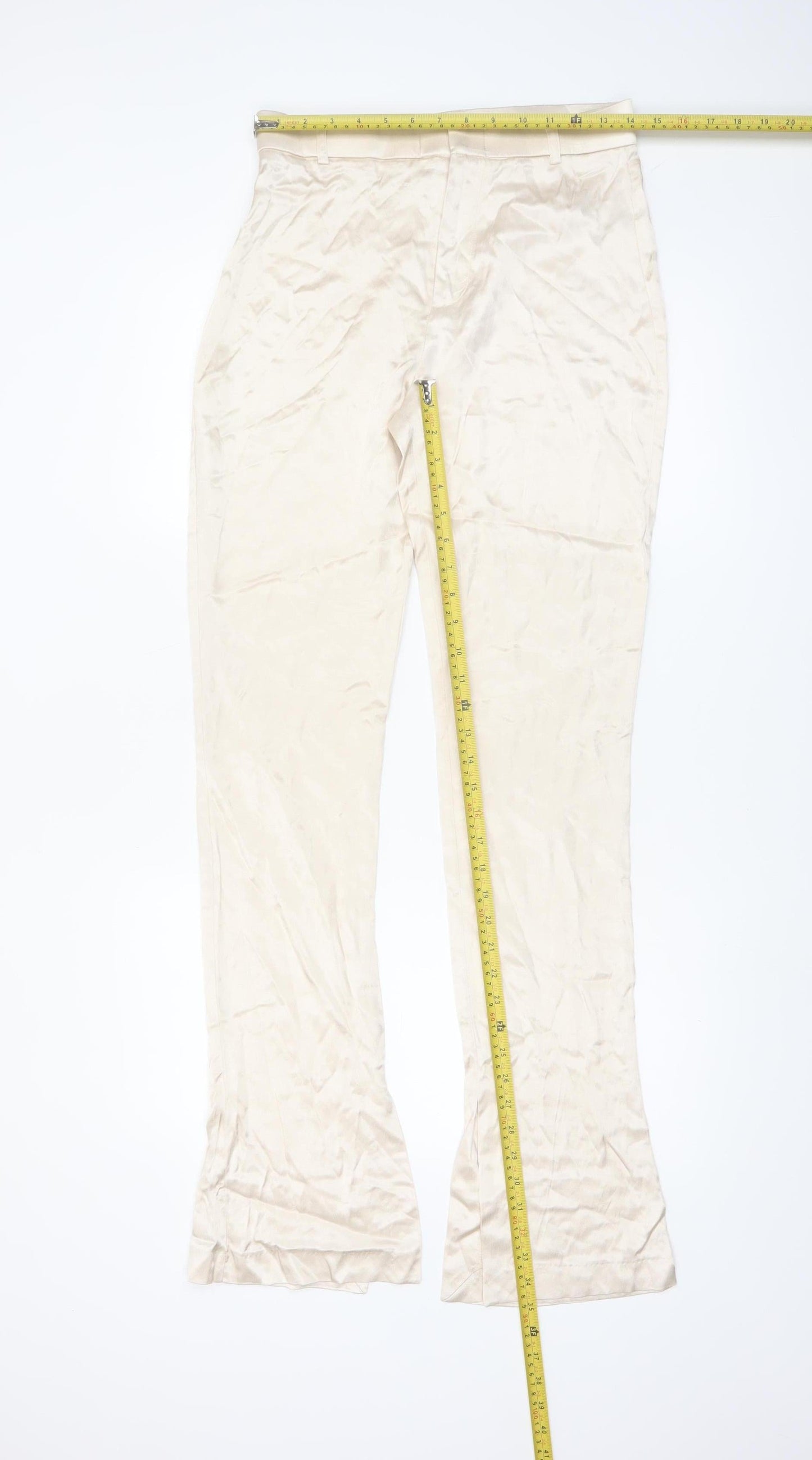 Zara Women Beige Flared Stretch Satin Trousers Size M