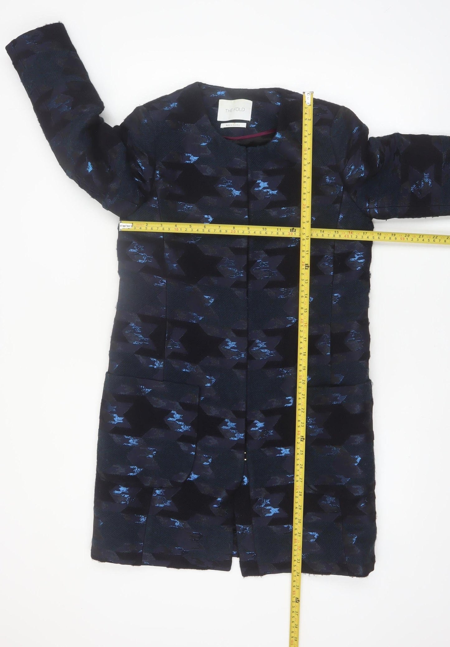 The Fold Women's Blue Geometric Wool Blend Long Coat Size 6
