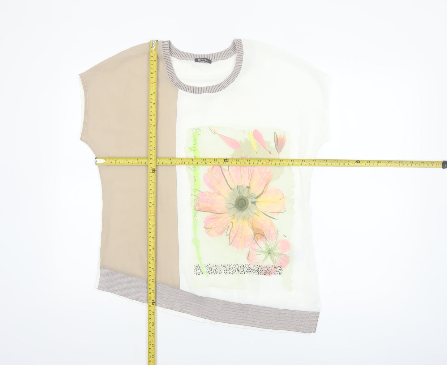 Bianca Women's Beige Floral Print Short Sleeve T-Shirt Size 12