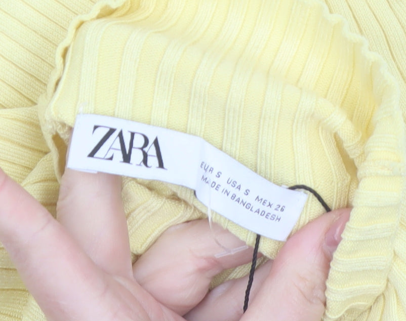 Zara Women Yellow Ribbed Roll Neck Long Sleeve Slim Fit Jumper S