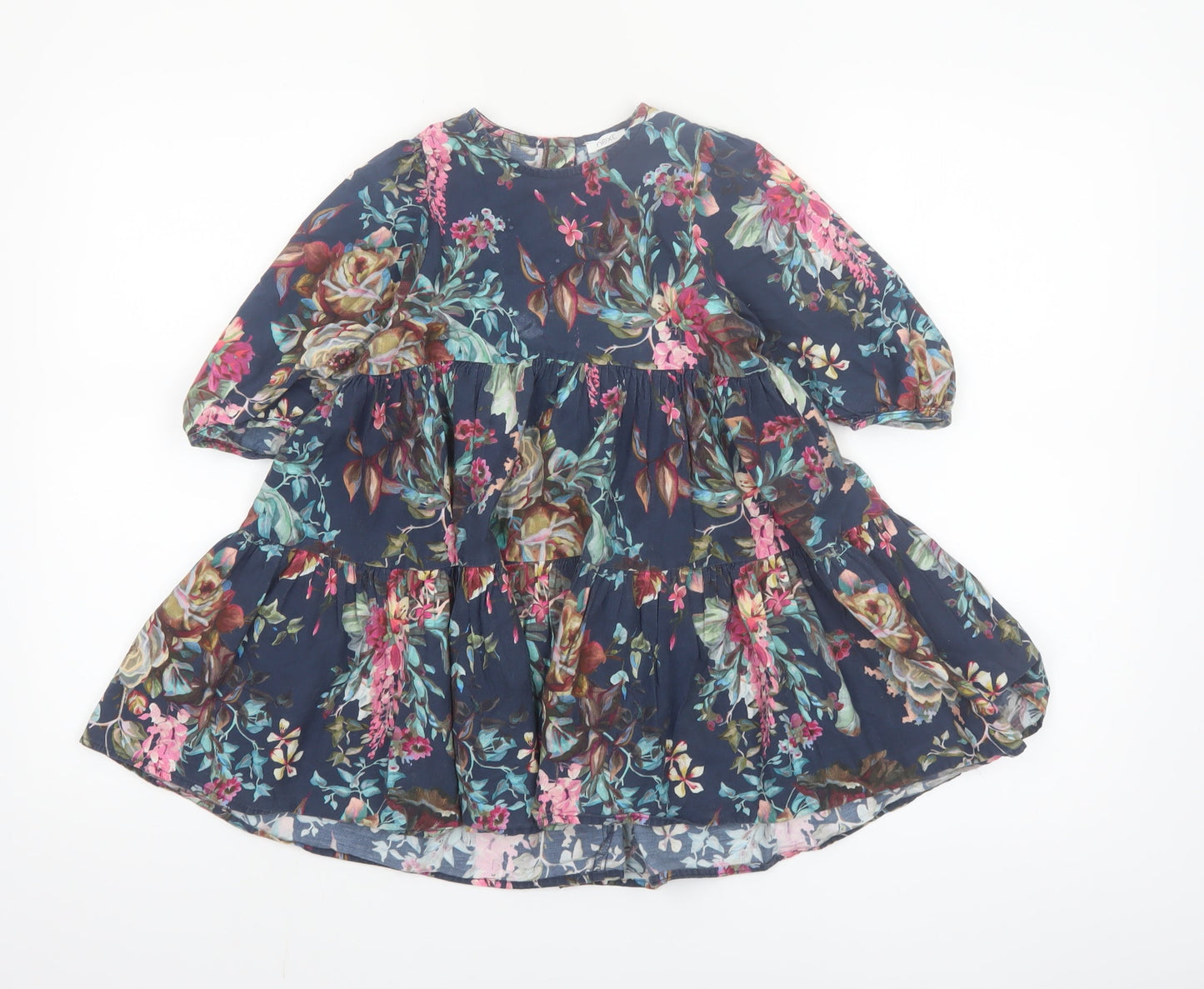 Next Girls Blue Floral Cotton A-Line Dress 4-5 Years 3/4 Sleeve