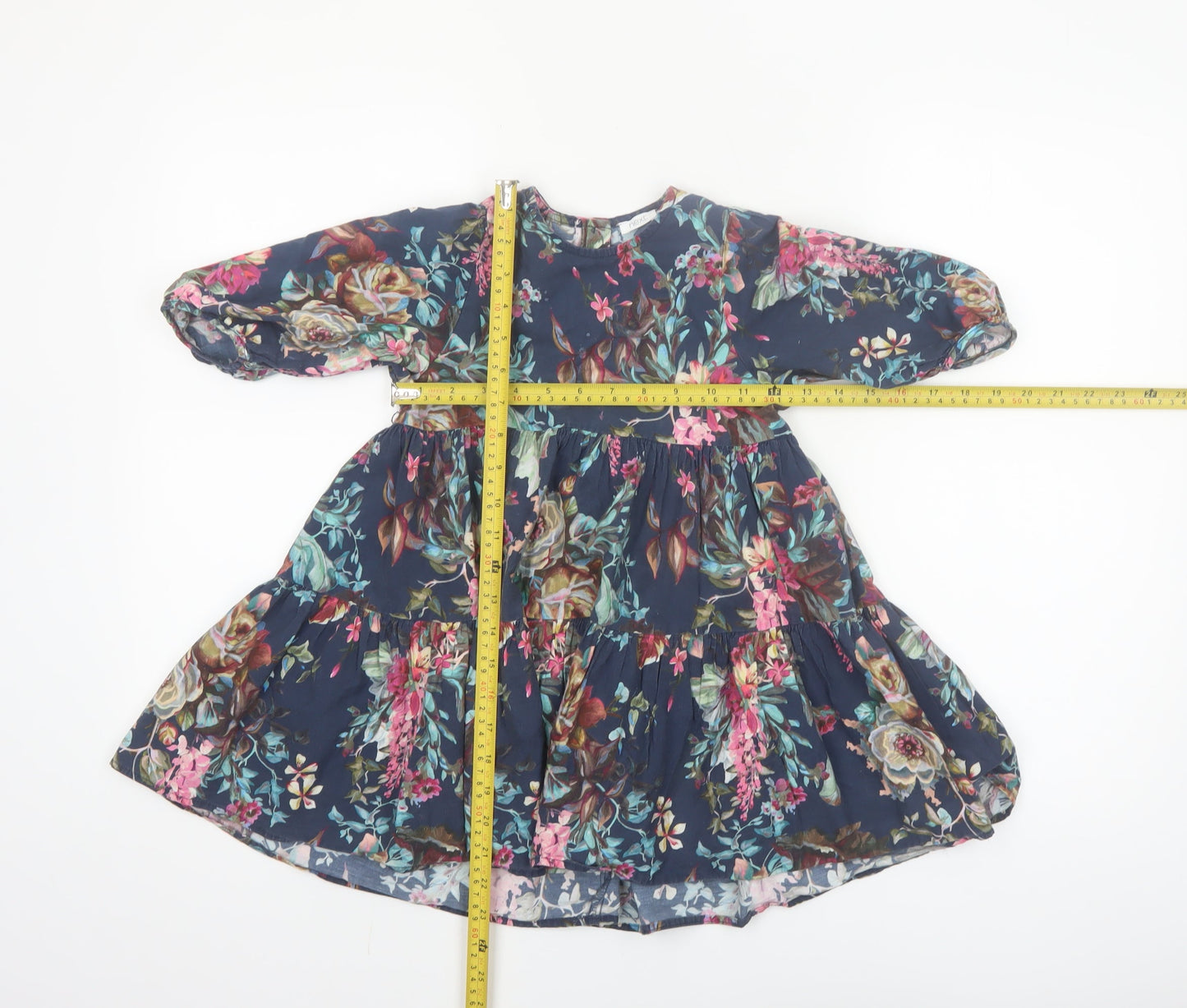 Next Girls Blue Floral Cotton A-Line Dress 4-5 Years 3/4 Sleeve