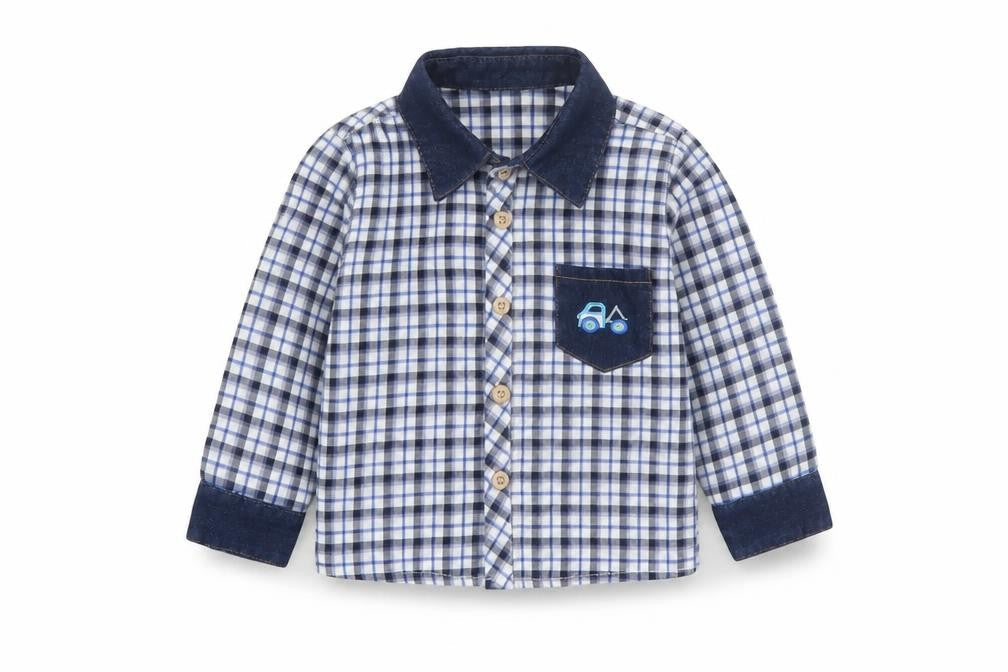 Happy Life Boys Blue Check Button-Up Long Sleeve Cotton Shirt 9-12 Months