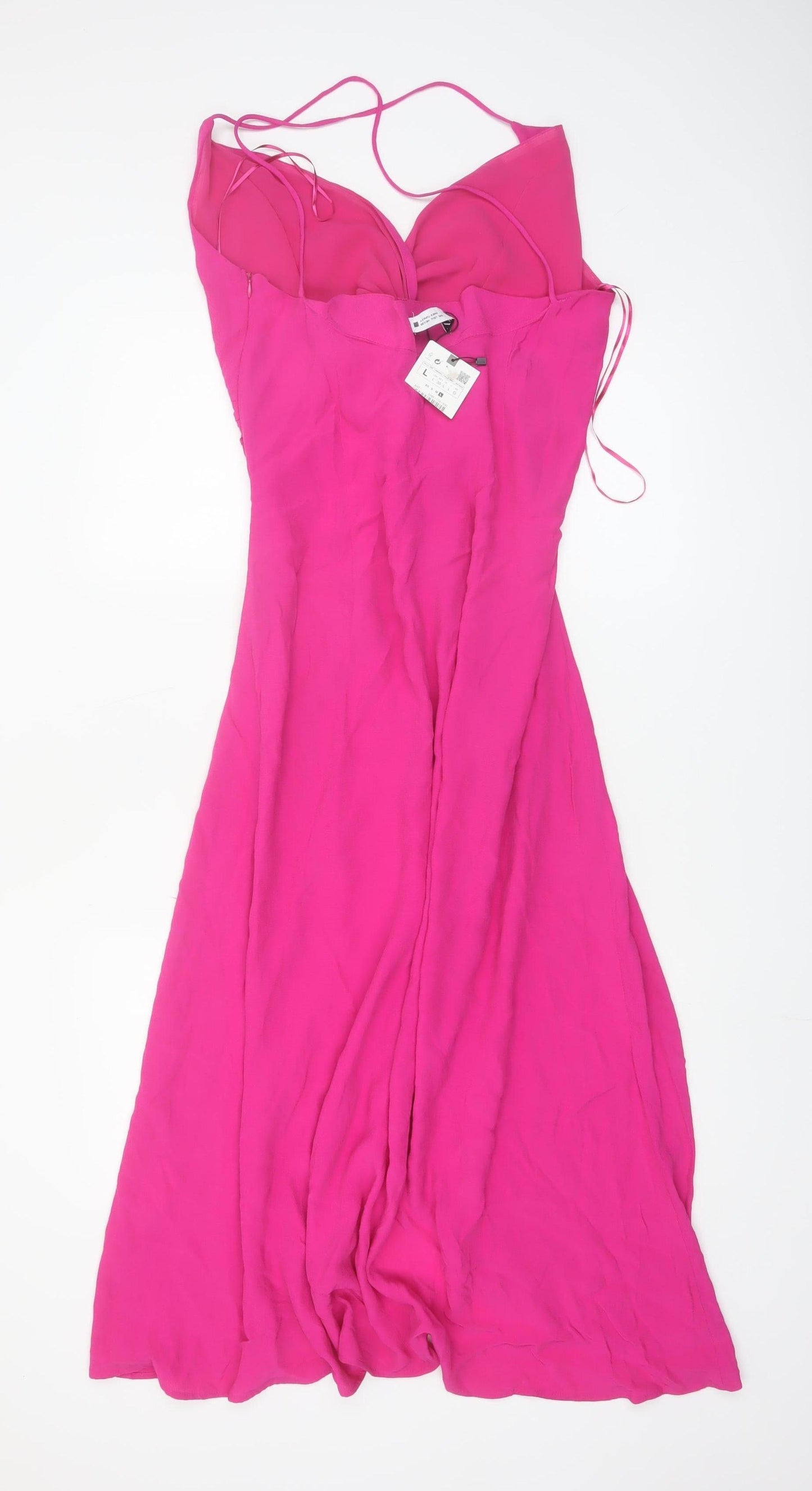 Zara Women Pink Midi Slip Dress XS Ruched Backless Summer Party