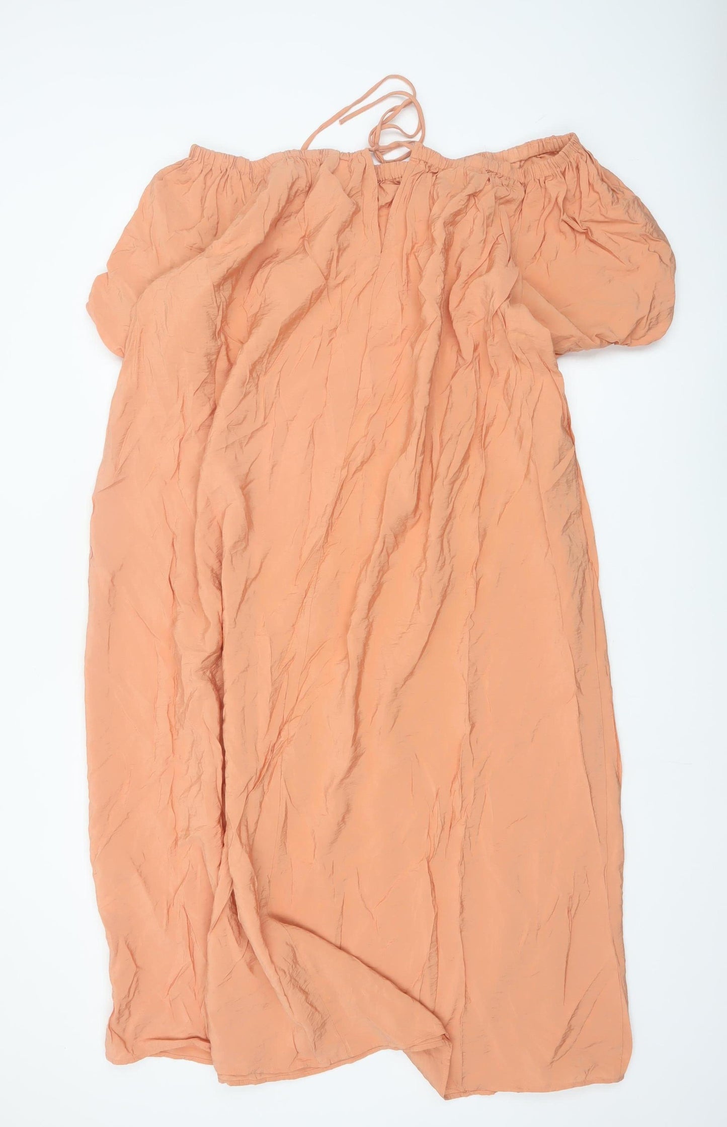 H&M Women Peach Puff Sleeve Midi Dress L Viscose Blend