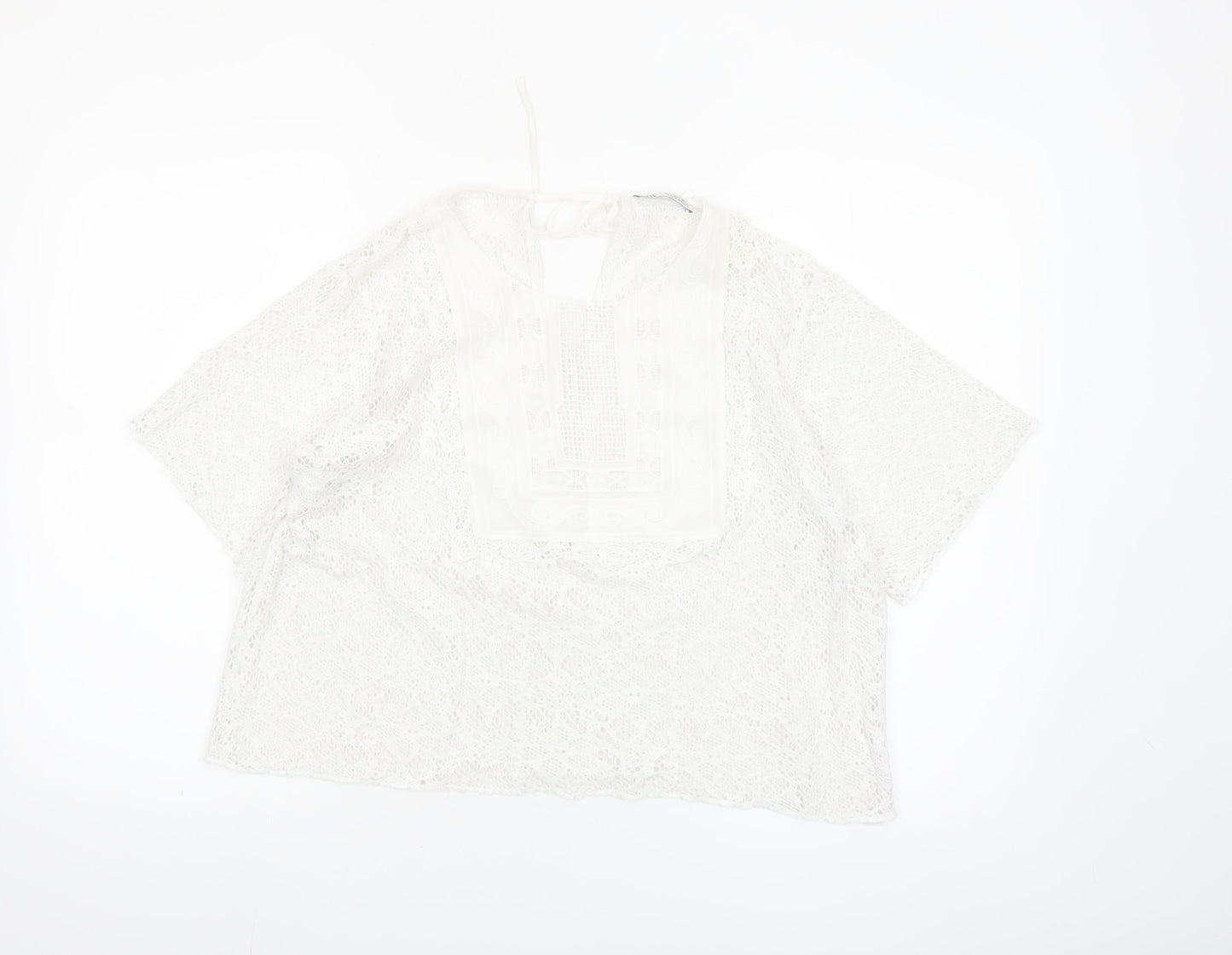 Zara Women's White Lace Tunic Blouse L Boho Crochet Summer Top