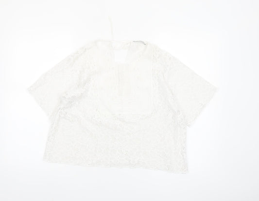 Zara Women's White Lace Tunic Blouse L Boho Crochet Summer Top