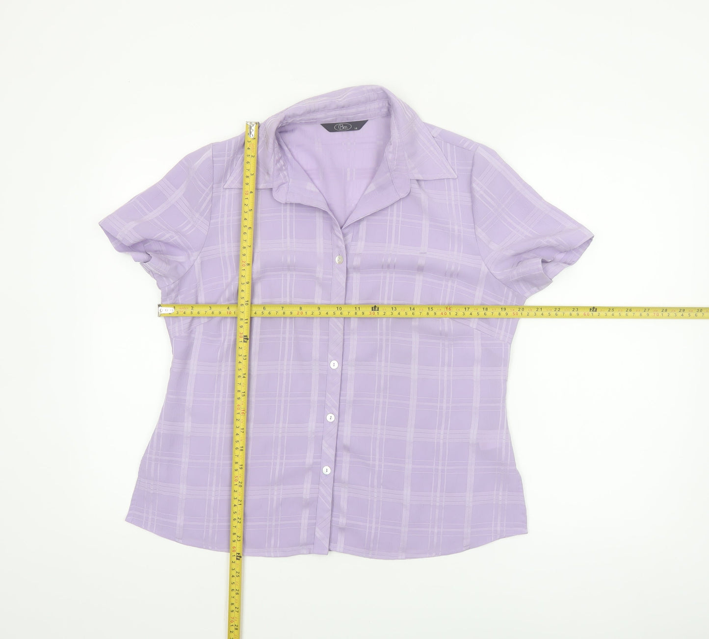 Bm Women's Purple Check Short Sleeve Collared Button-Up Blouse Size 14