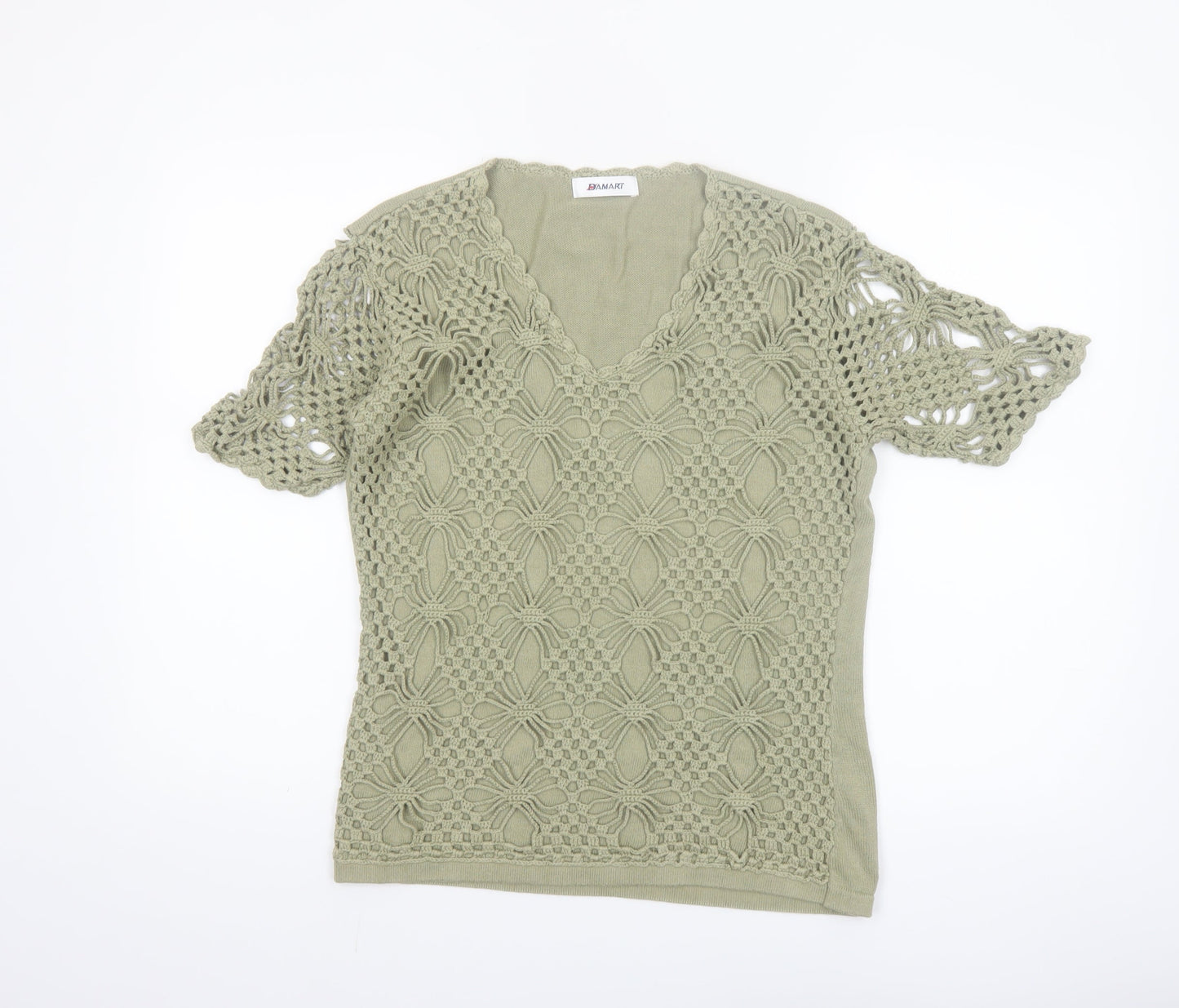 Damart Women’s Green Crochet Cotton Blouse Size 12/14 Short Sleeve