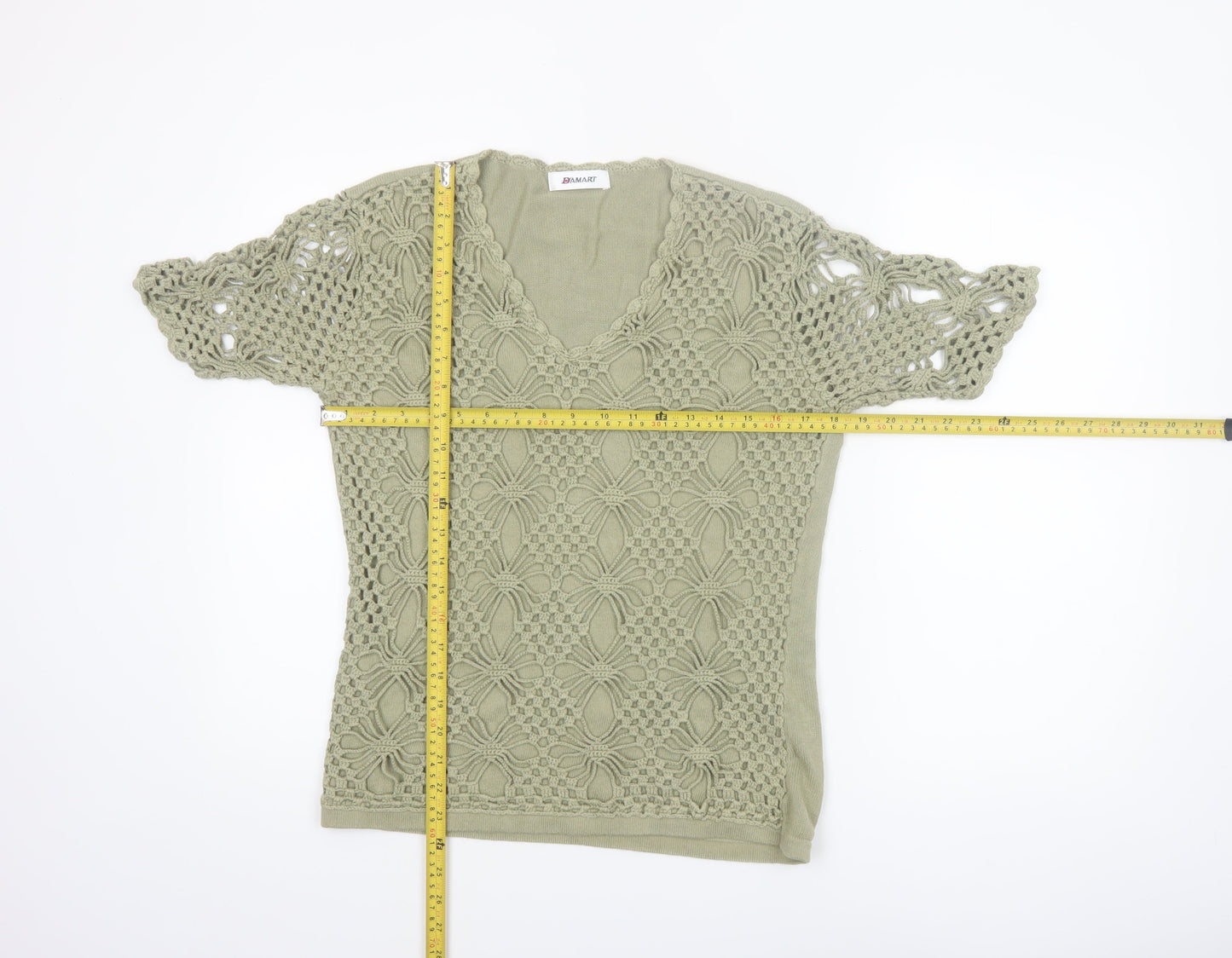 Damart Women’s Green Crochet Cotton Blouse Size 12/14 Short Sleeve