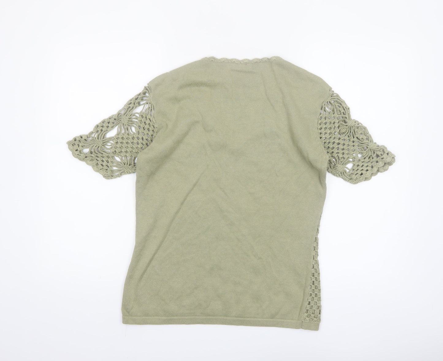 Damart Women’s Green Crochet Cotton Blouse Size 12/14 Short Sleeve