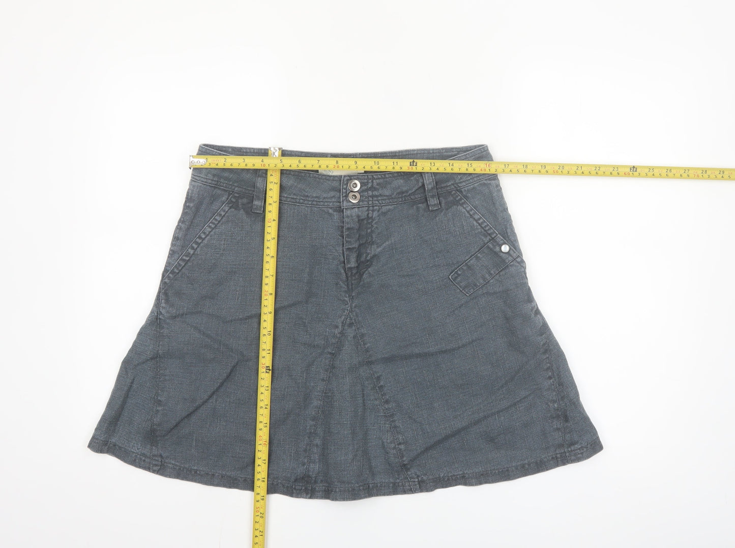 ICHI Women Grey A-Line Short Skirt M Ramie Casual Pockets