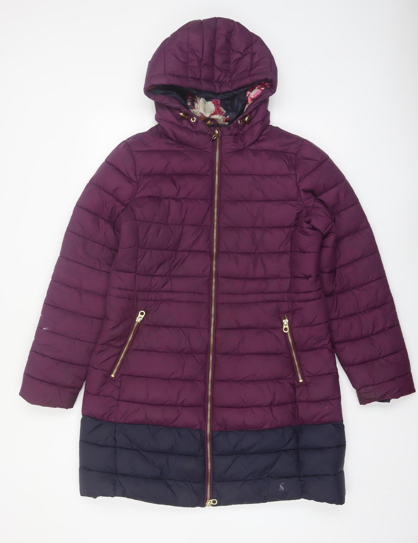 Joules Women's Purple Long Hooded Puffer Coat UK 12