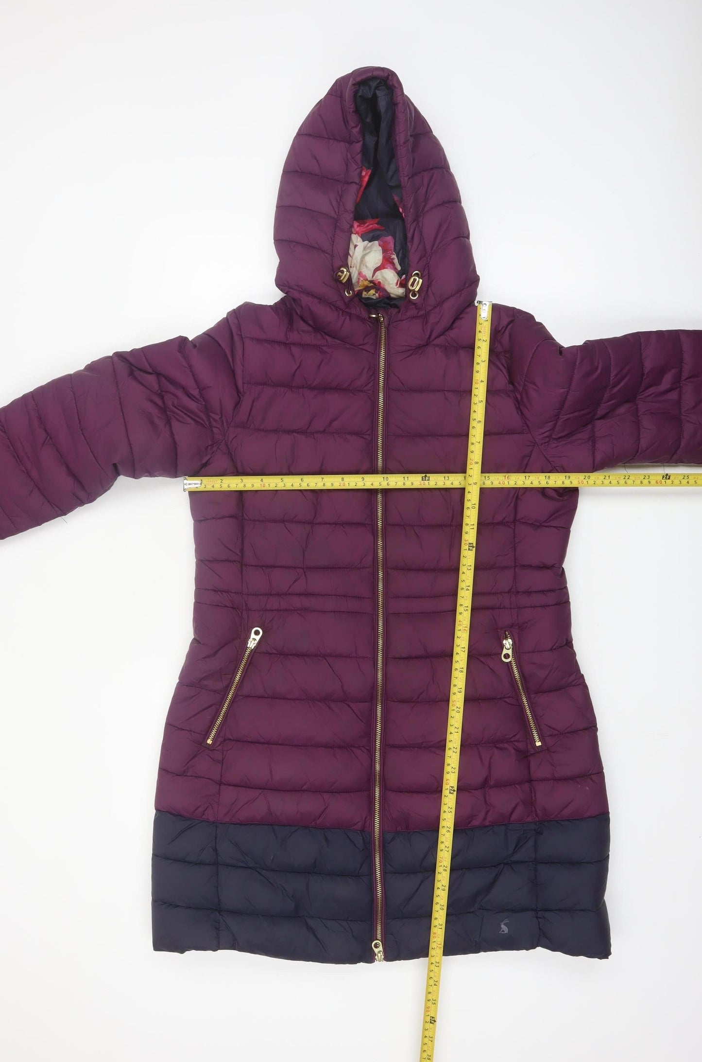 Joules Women's Purple Long Hooded Puffer Coat UK 12