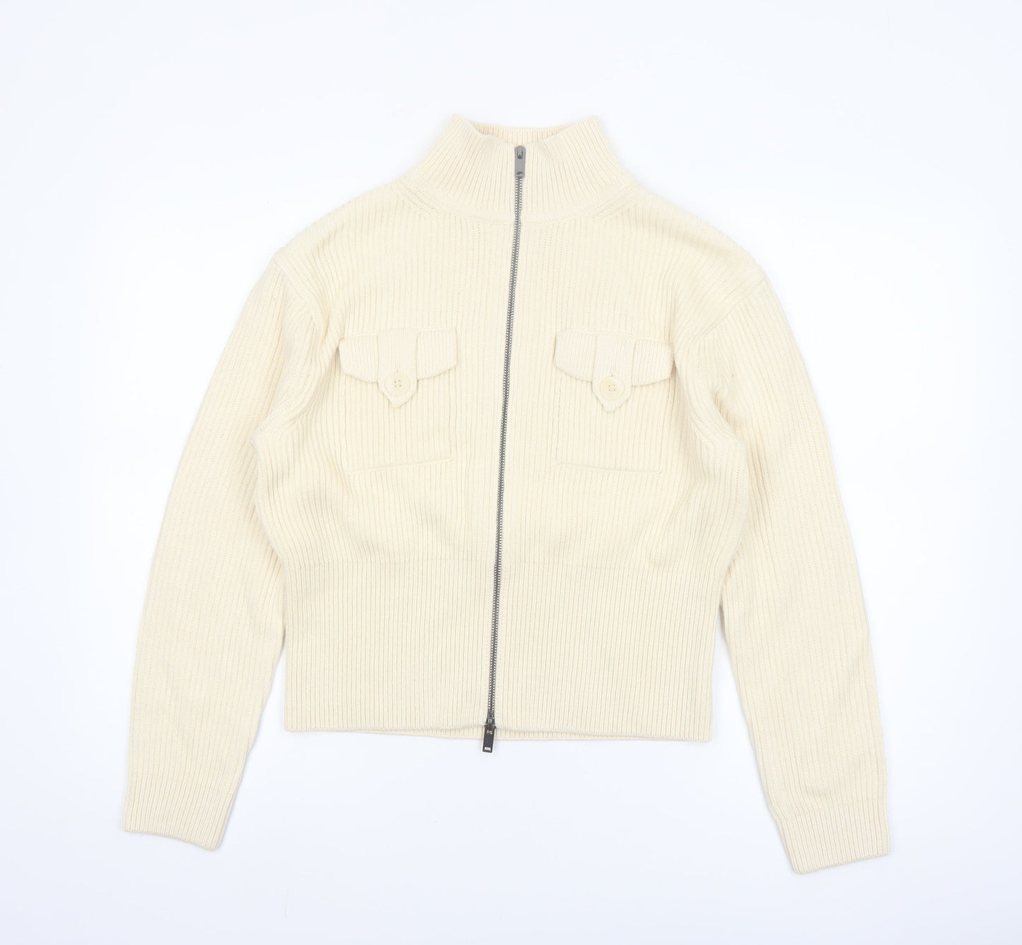 Marks and Spencer Women's Ivory Full Zip High Neck Cotton Blend Jumper Size S