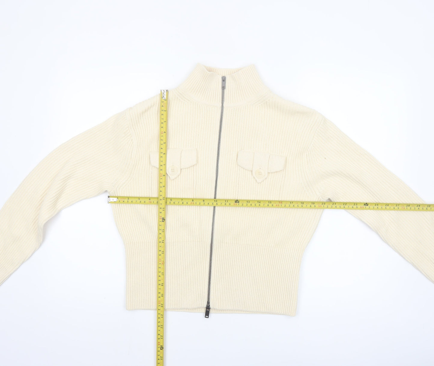 Marks and Spencer Women's Ivory Full Zip High Neck Cotton Blend Jumper Size S