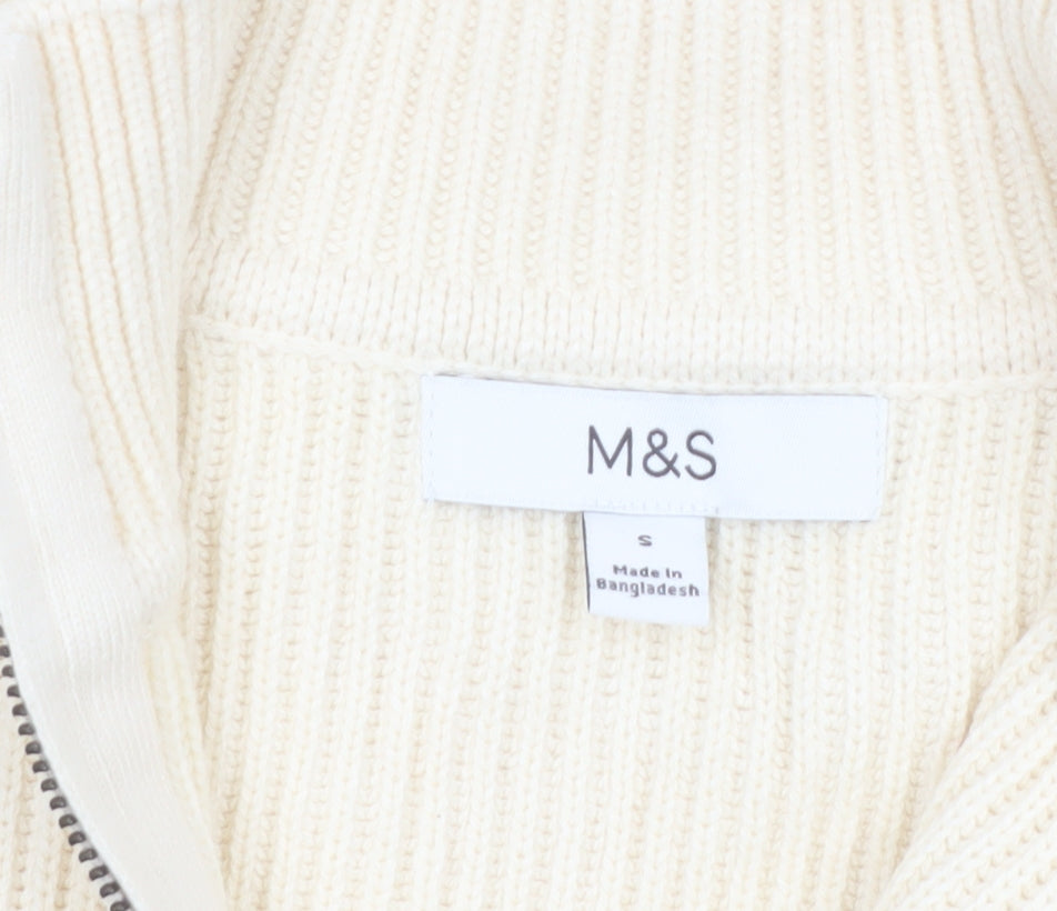 Marks and Spencer Women's Ivory Full Zip High Neck Cotton Blend Jumper Size S