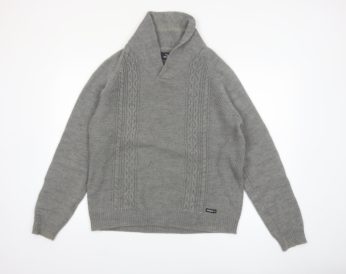 Threadbare Men's Grey Cable-Knit Shawl Collar Pullover Jumper Size L