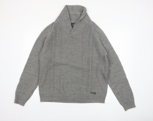 Threadbare Men's Grey Cable-Knit Shawl Collar Pullover Jumper Size L