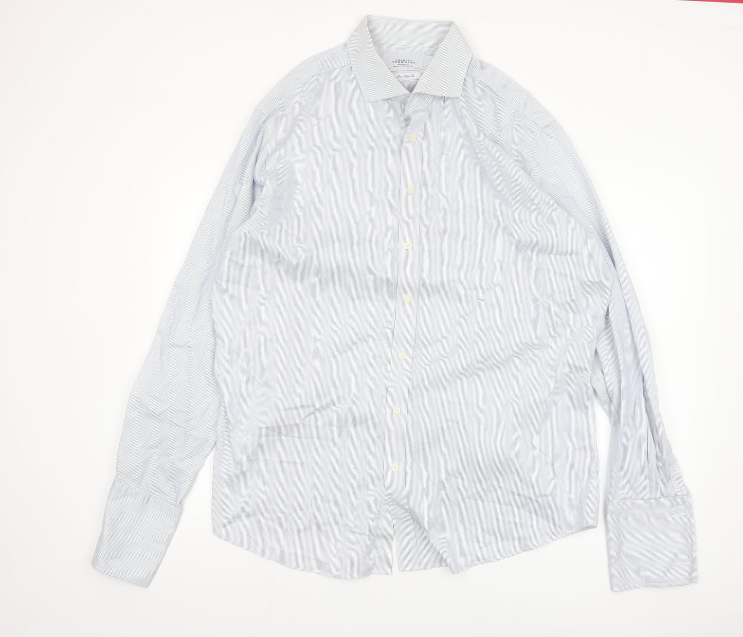 Charles Tyrwhitt Men's Blue Striped Slim Fit Non-Iron Cotton Shirt 18/46