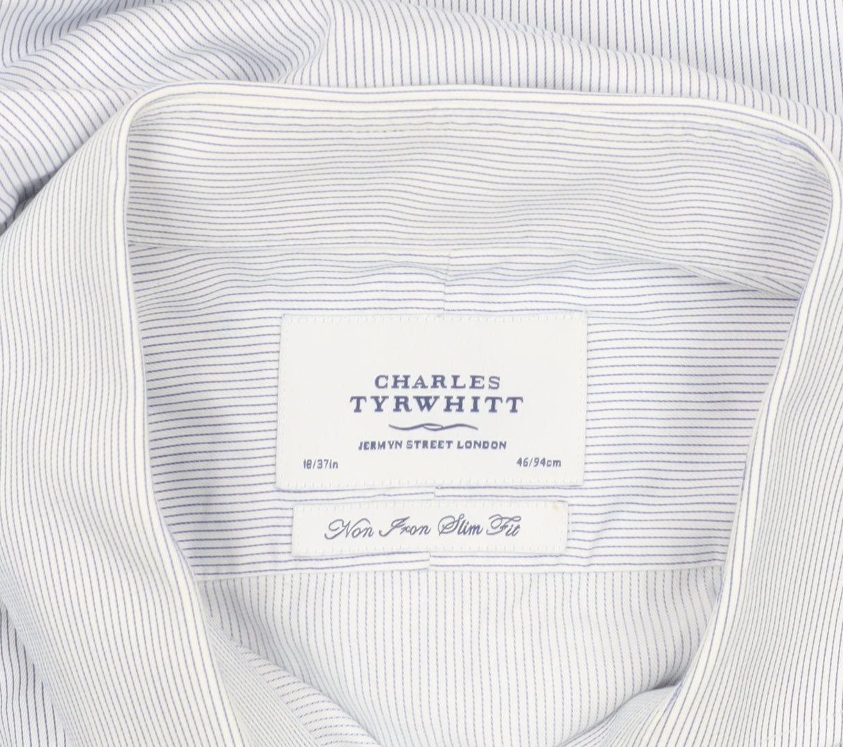 Charles Tyrwhitt Men's Blue Striped Slim Fit Non-Iron Cotton Shirt 18/46