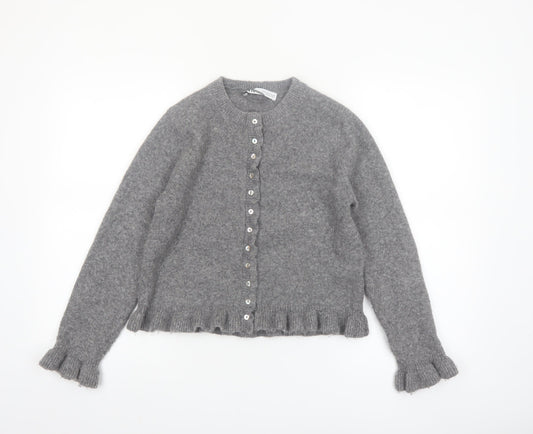 ZARA Womens Grey Knit Cardigan Small Ruffle Trim Lightweight