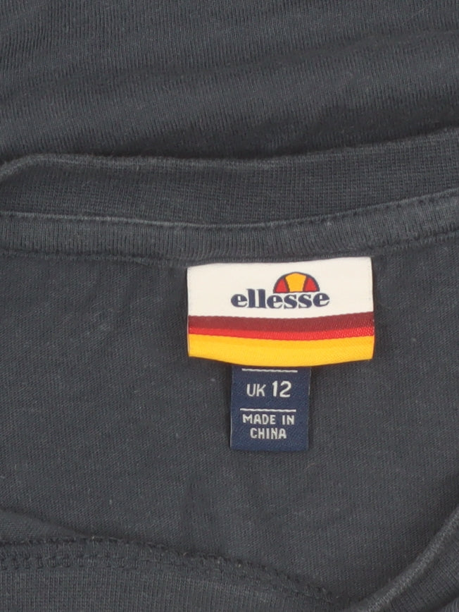 Ellesse Womens Blue Cropped T-Shirt UK 12 Classic Logo Cotton