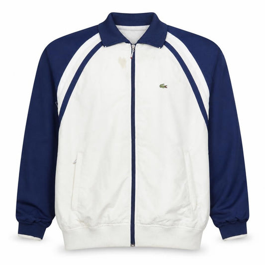 Front view of Lacoste boys’ white & navy track jacket, size L, full zip polyester activewear
