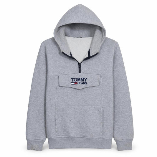 Tommy Hilfiger Mens Grey 1/4 Zip Hoodie M Logo Fleece Sweatshirt