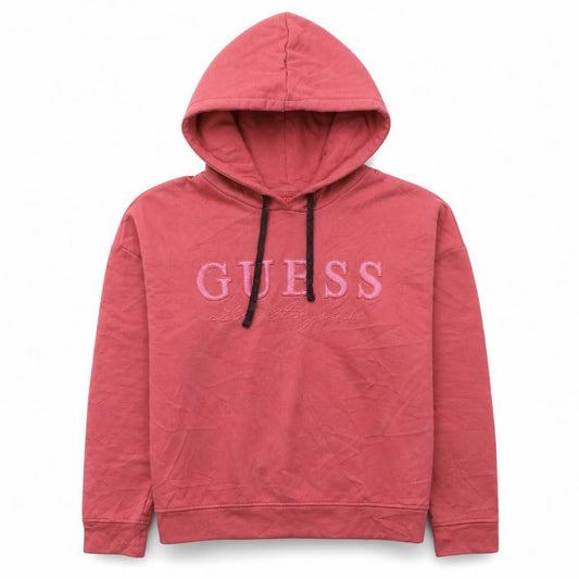 Front view of Guess women’s pink pullover hoodie xs logo embroidered casual