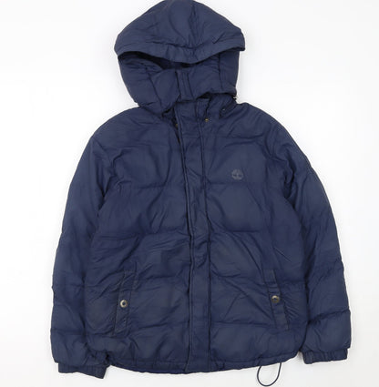 Additional front view of Timberland boys’ blue hooded puffer jacket, size 12, years