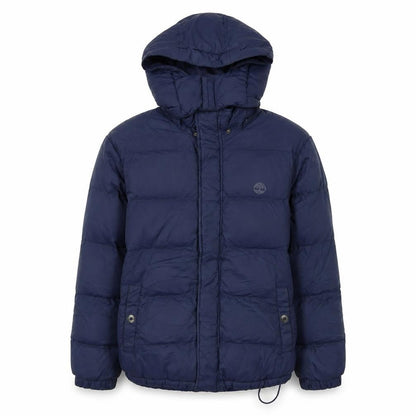 Front view of Timberland boys’ blue hooded puffer jacket, size 12, years