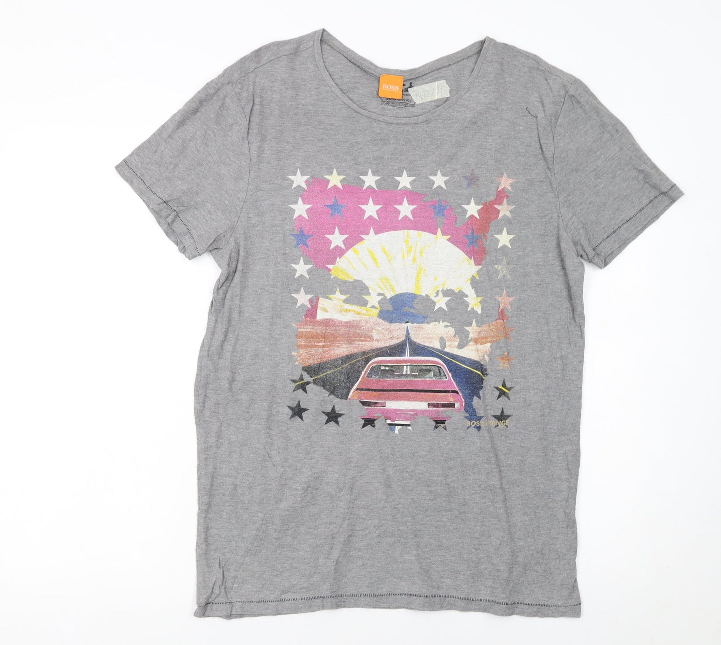 Hugo Boss Men Grey Retro Car Print Short Sleeve Cotton T-Shirt M