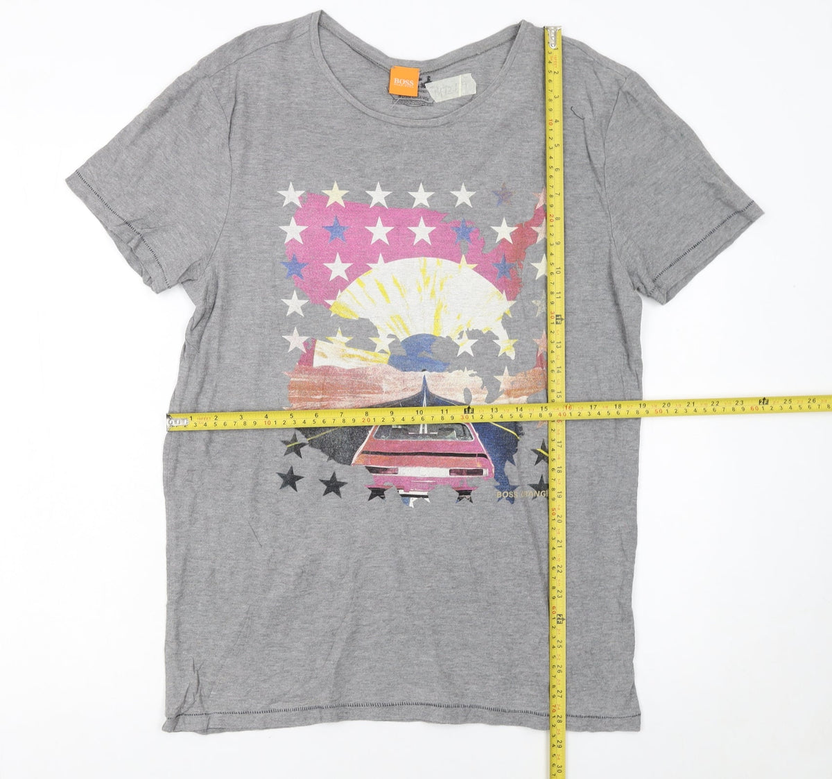 Hugo Boss Men Grey Retro Car Print Short Sleeve Cotton T-Shirt M