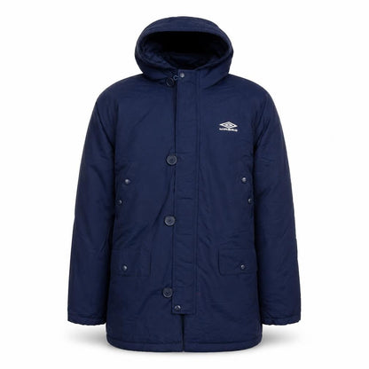 Front view of Umbro boys’ blue hooded parka coat 12 years nylon winter lined jacket