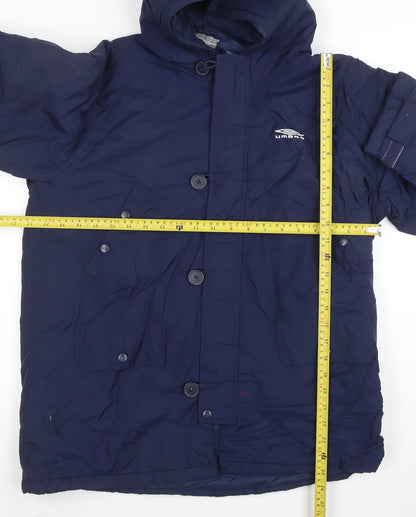Back view of Umbro boys’ blue hooded parka coat 12 years nylon winter lined jacket