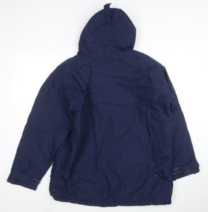 Close-up detail of Umbro boys’ blue hooded parka coat 12 years nylon winter lined jacket
