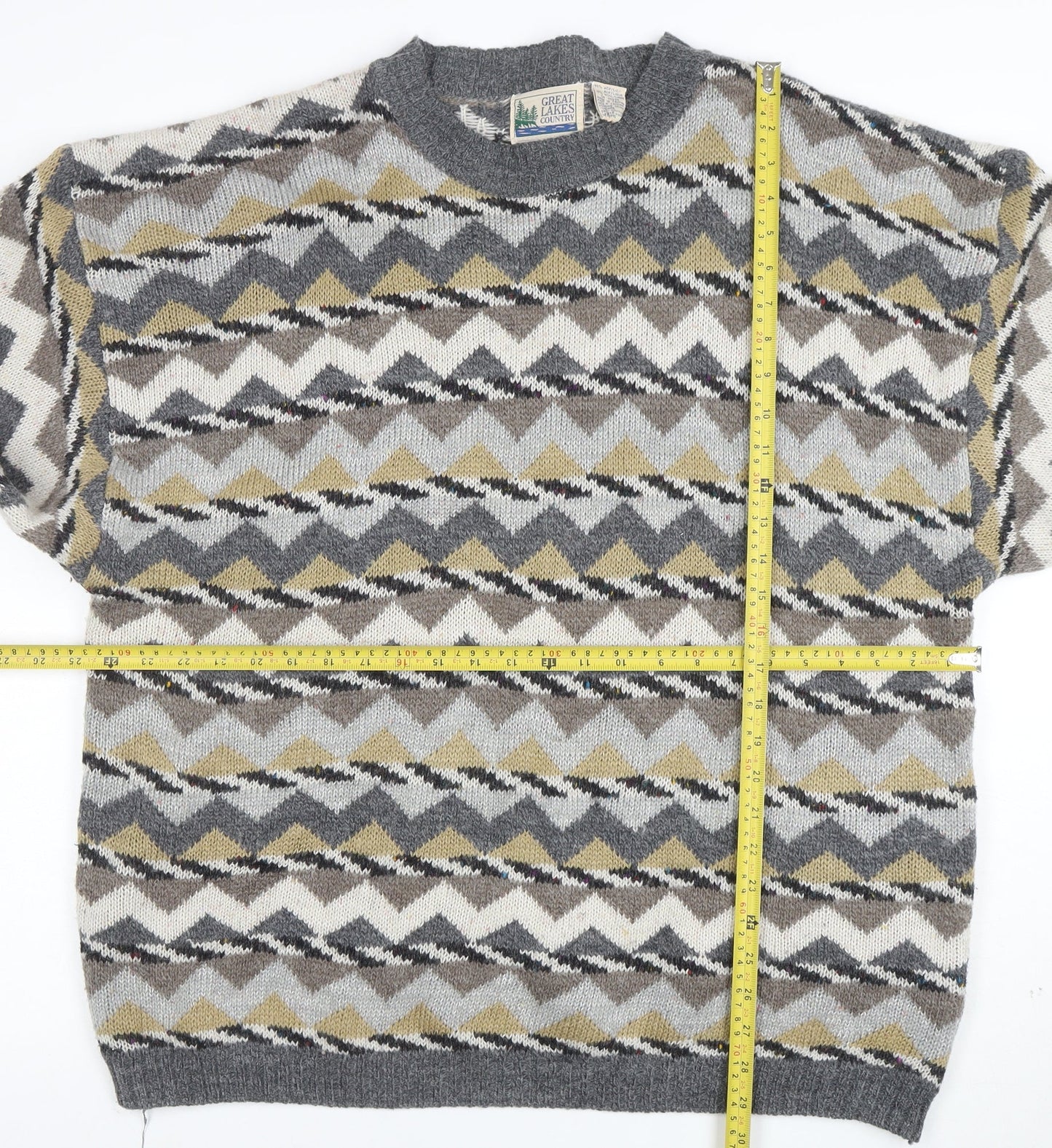 Great Lakes Country Men's Grey XL Geometric Wool Blend Retro Jumper