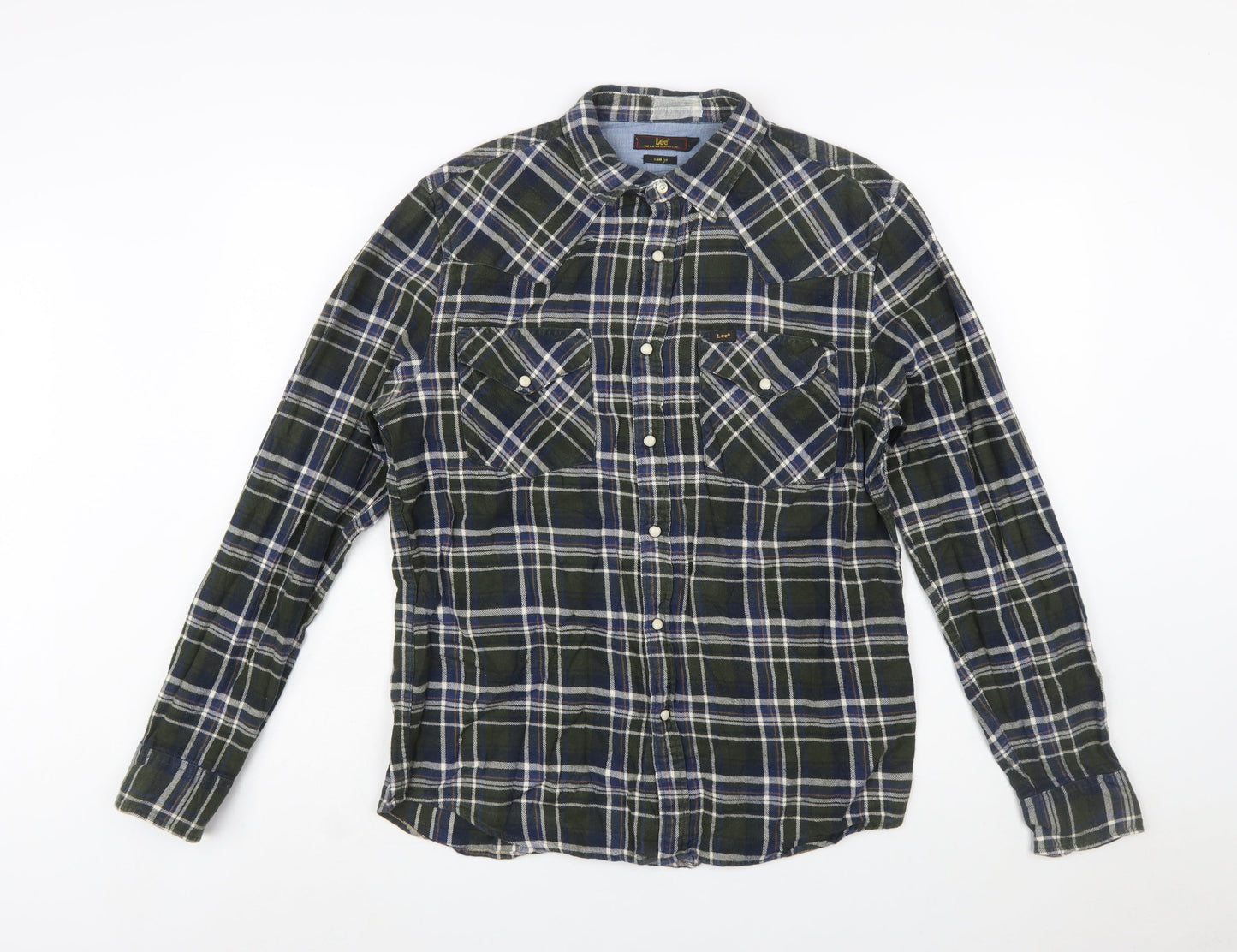 Lee Men's Green Check Slim Fit Flannel Long Sleeve Button-Up Shirt Size M