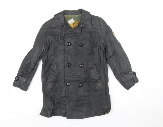 Belstaff Boys Black Leather Pea Coat Jacket 10 Years Classic Weatherproof