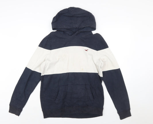 Hollister Mens Blue White Pullover Hoodie Small Logo Striped Sweatshirt