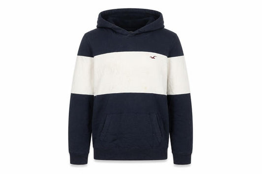 Hollister Mens Blue White Pullover Hoodie Small Logo Striped Sweatshirt