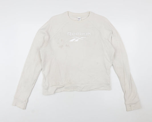 Reebok Womens Beige Sweatshirt Small Crew Neck Logo Cotton Blend
