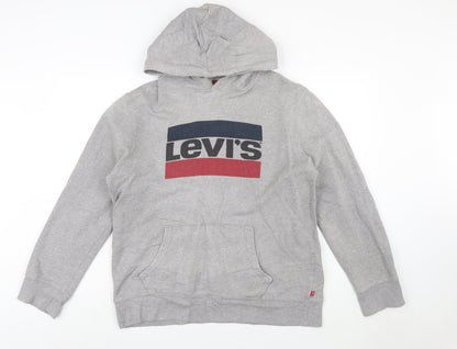 Preloved Levi's Men's Grey Logo Pullover Hoodie Size L - Front