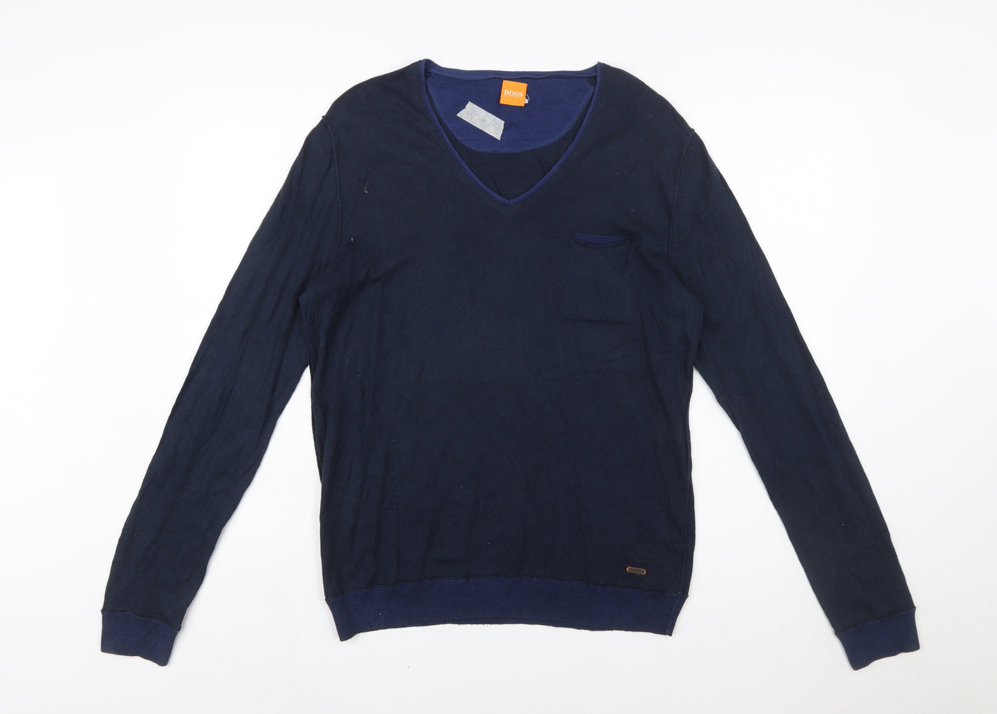 Hugo Boss Mens Blue V-Neck Cotton Pullover Jumper Medium