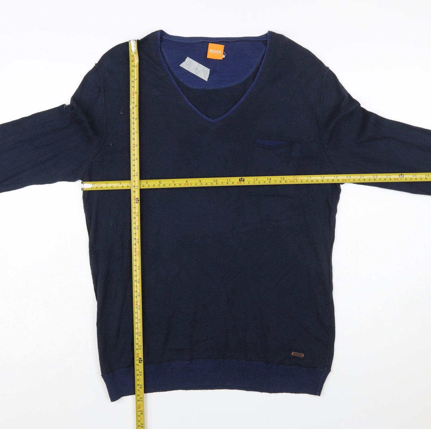 Hugo Boss Mens Blue V-Neck Cotton Pullover Jumper Medium