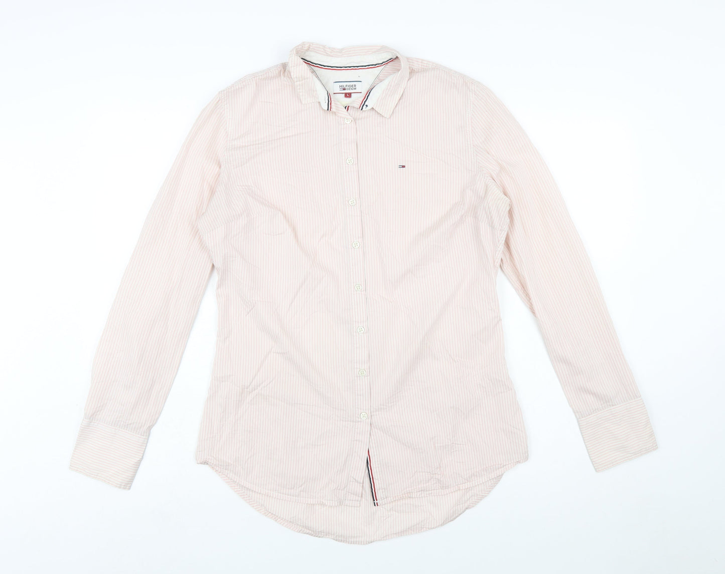Hilfiger Denim Women's Pink Striped Long Sleeve Button-Up Shirt L