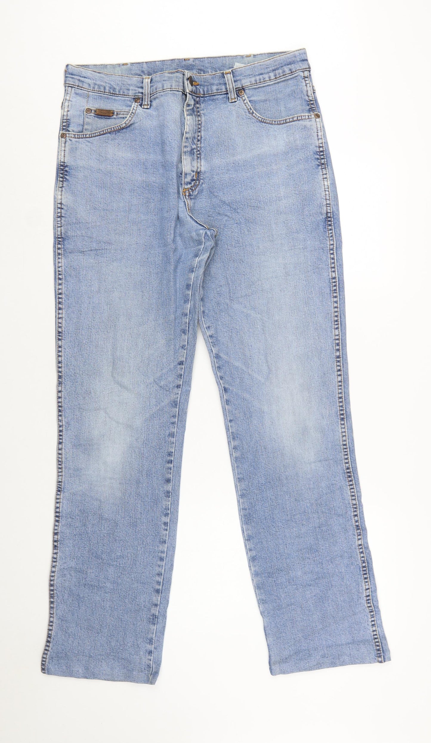 Wrangler Men’s Blue 36x34 Straight Fit Light Wash Stretch Denim Jeans