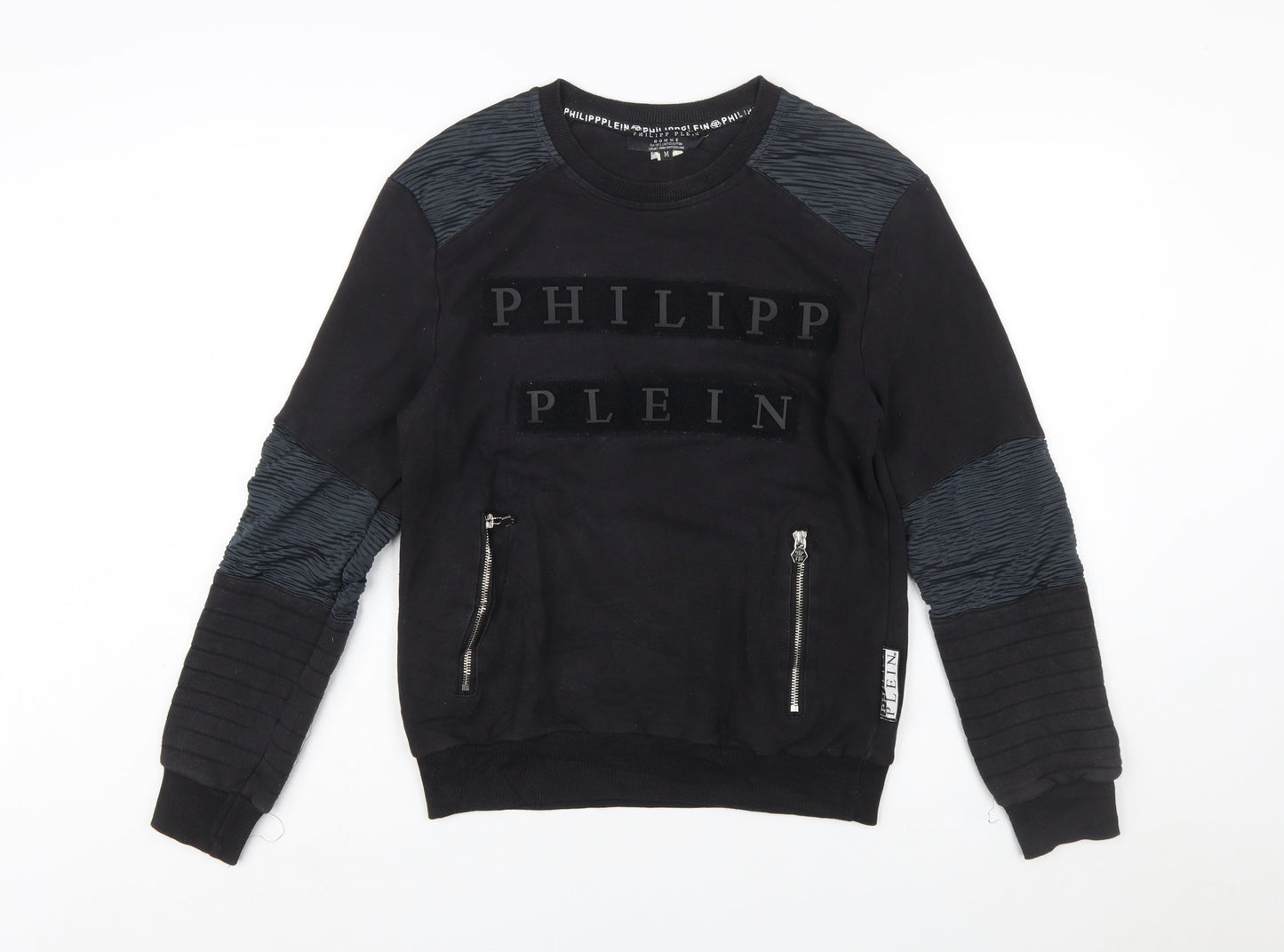 Philipp Plein Men's Black M Pullover Sweatshirt with Logo and Zip Accents